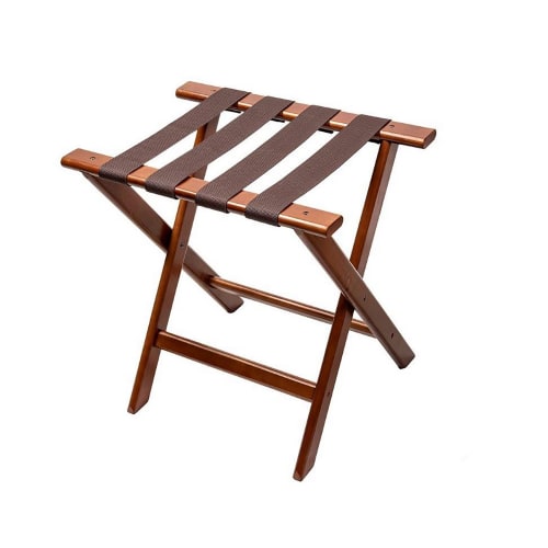 Compact Wood Luggage Rack, Dark Brown with Brown Straps